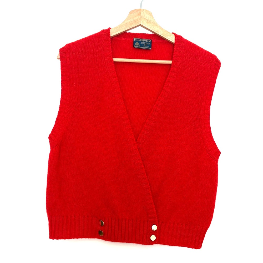 VTG Preswick & Moore Women's Red 100% Shetland Wool Sweater Vest Gold Buttons